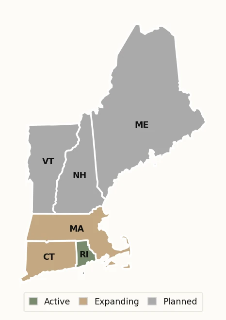 Coverage map of Rhode Island's 10 largest municipalities monitored by Northeast Development Insights, with Connecticut and Massachusetts next